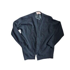 VTG 50s 60s Imperial Beaded Cardigan Sweater MCM Lambswool Angora Black Pin Up